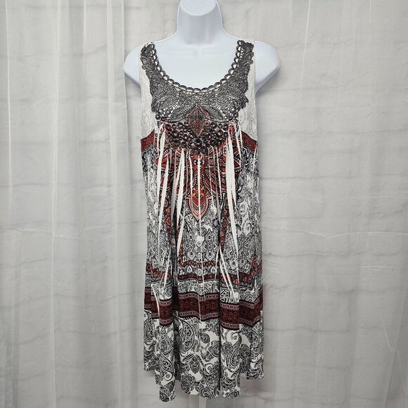 Unity World Wear White Black Sleeveless Dress Boho Paisley Floral M - Picture 1 of 13